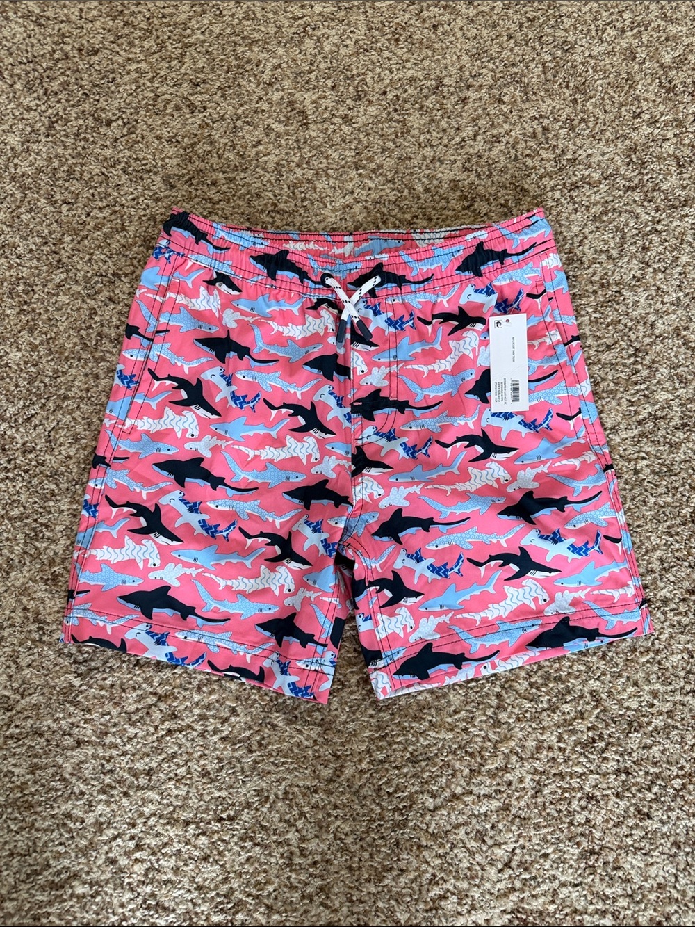 Kids Pink Shark-Print Swim Trunks with Drawstring Waist size large